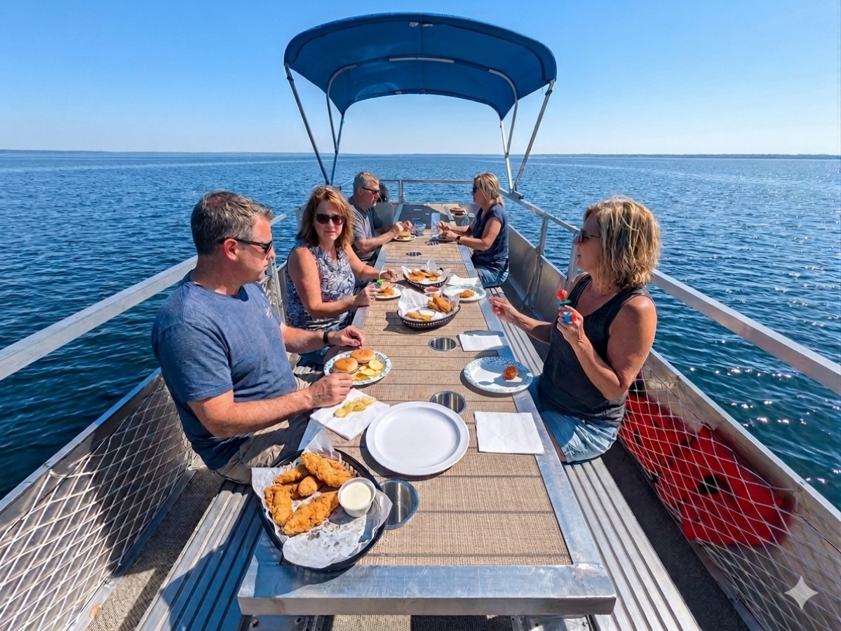 People enjoying a meal on a boat under a blue canopy on the water.