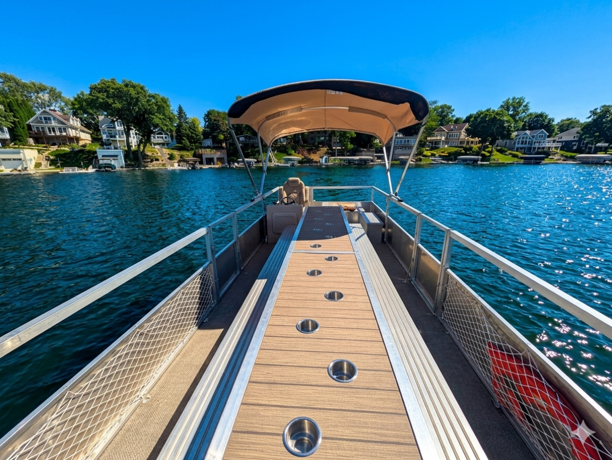 View from a boat deck with canopy, overlooking a lake and shoreline with houses.