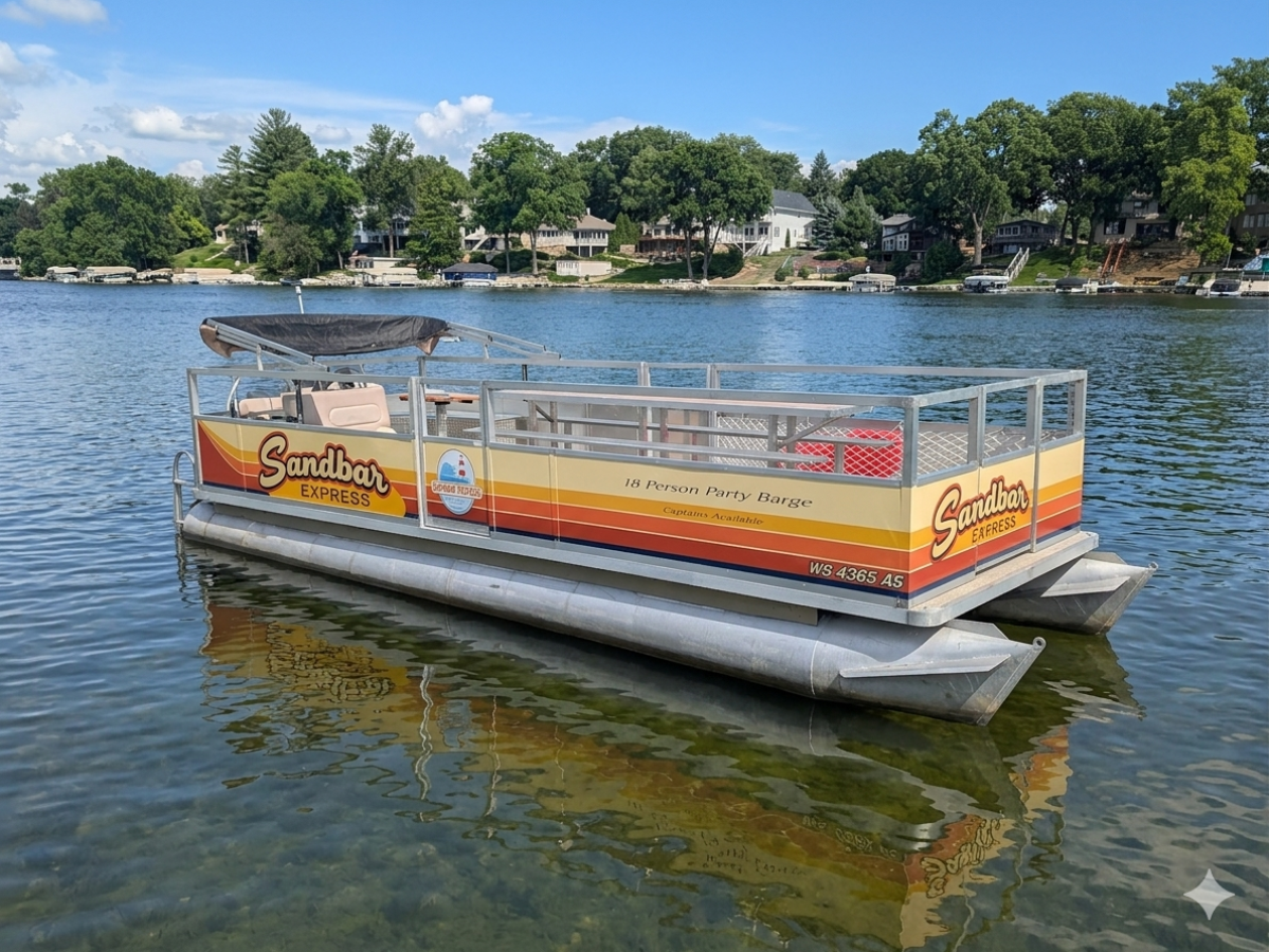 Pontoon boat named 'Sandbar Express' on a lake with trees and houses in the background.