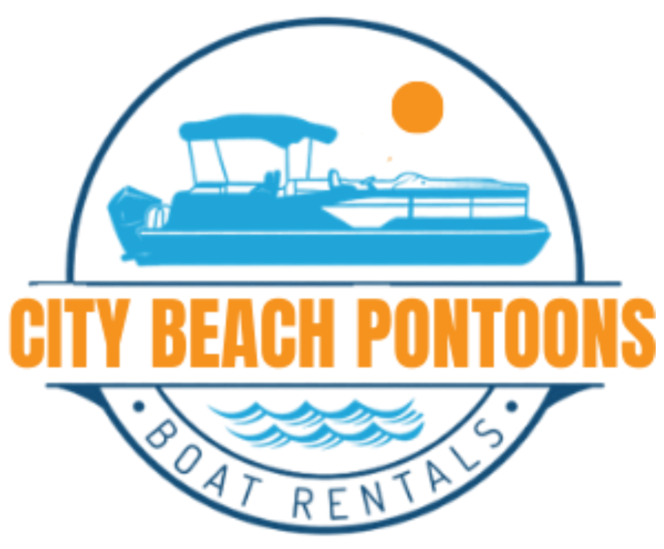 Logo: blue pontoon boat silhouette, orange sun, 'City Beach Pontoons' and 'Boat Rentals' text.